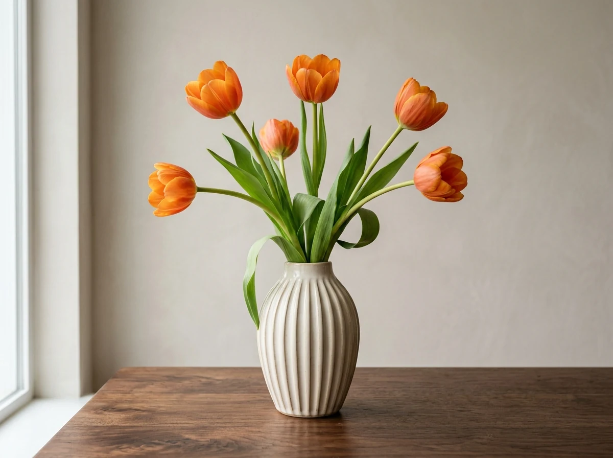 Orange tulips in a ribbed ivory vase on a walnut table against a plain studio wall