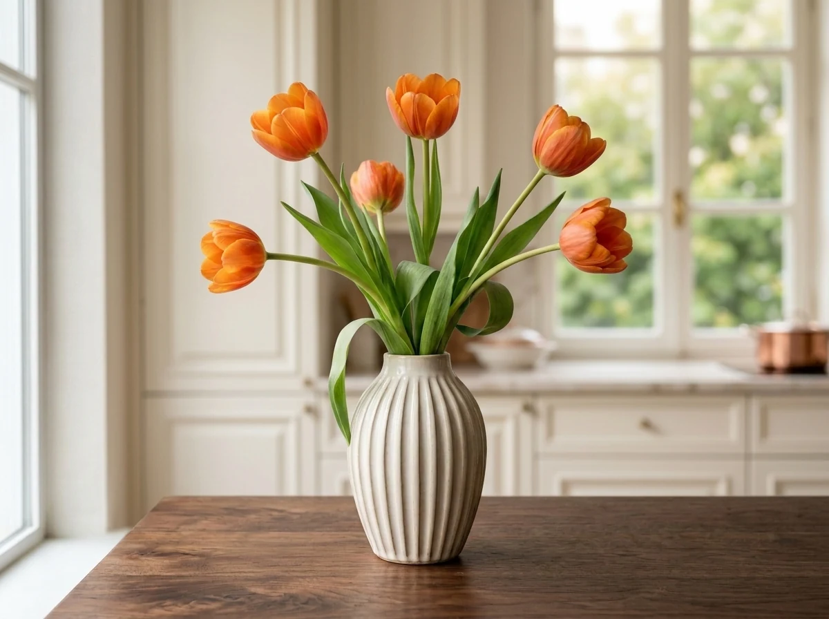 The same tulips, vase and table with a softly blurred sunlit kitchen background