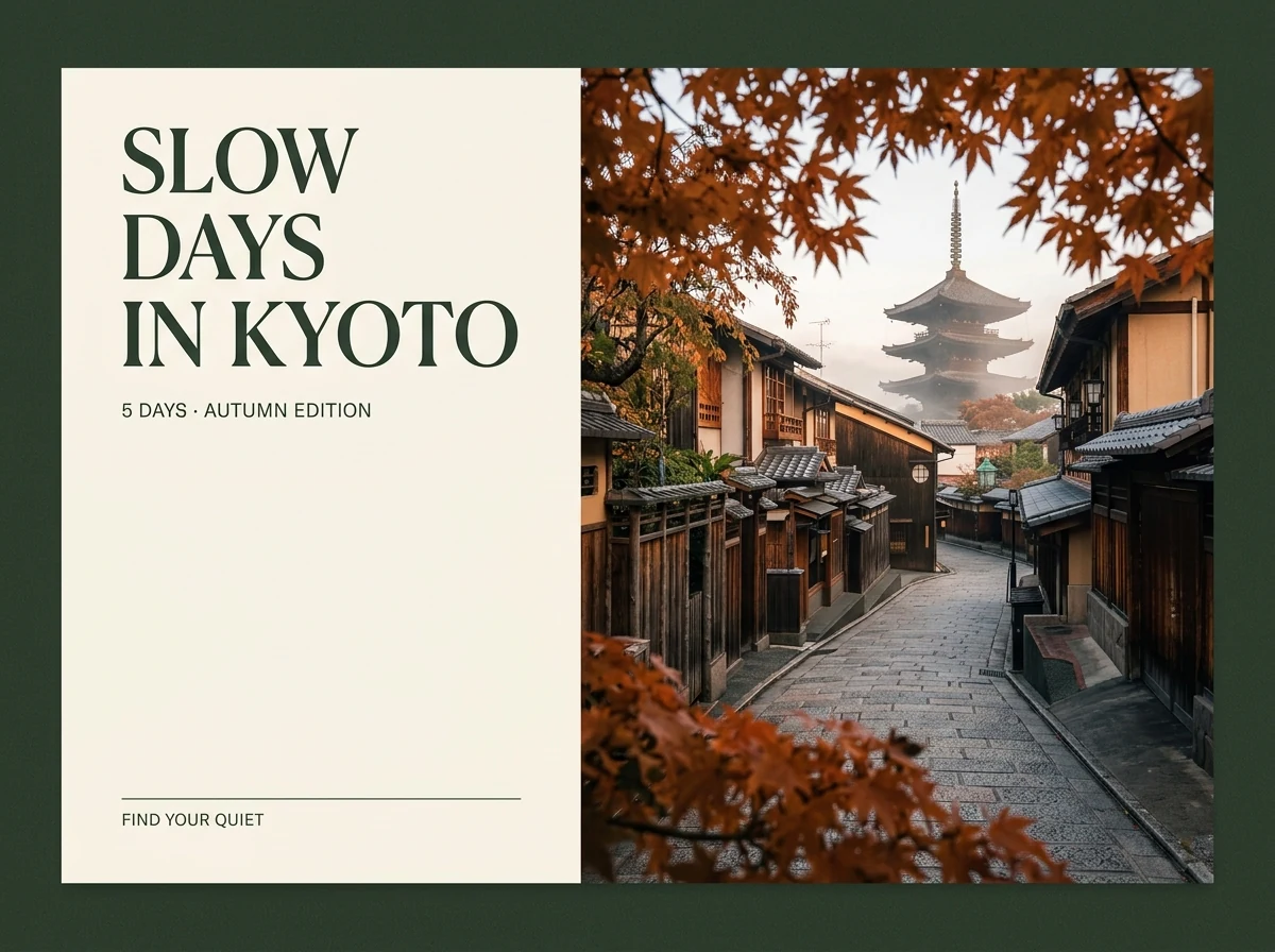 Kyoto autumn travel poster with a green headline on ivory beside a quiet wooden street, maple leaves and a distant pagoda