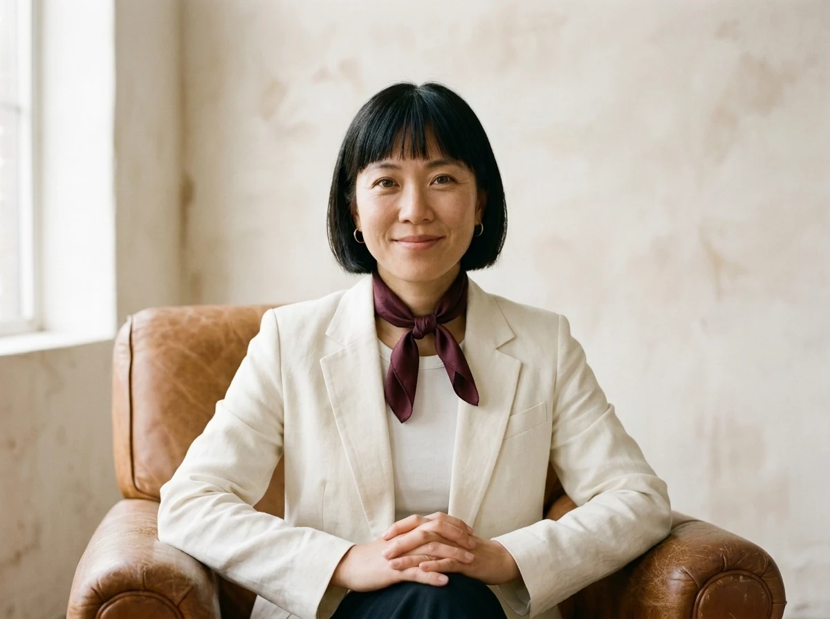 The same woman in an ivory blazer and burgundy scarf, preserving her face, pose and surroundings
