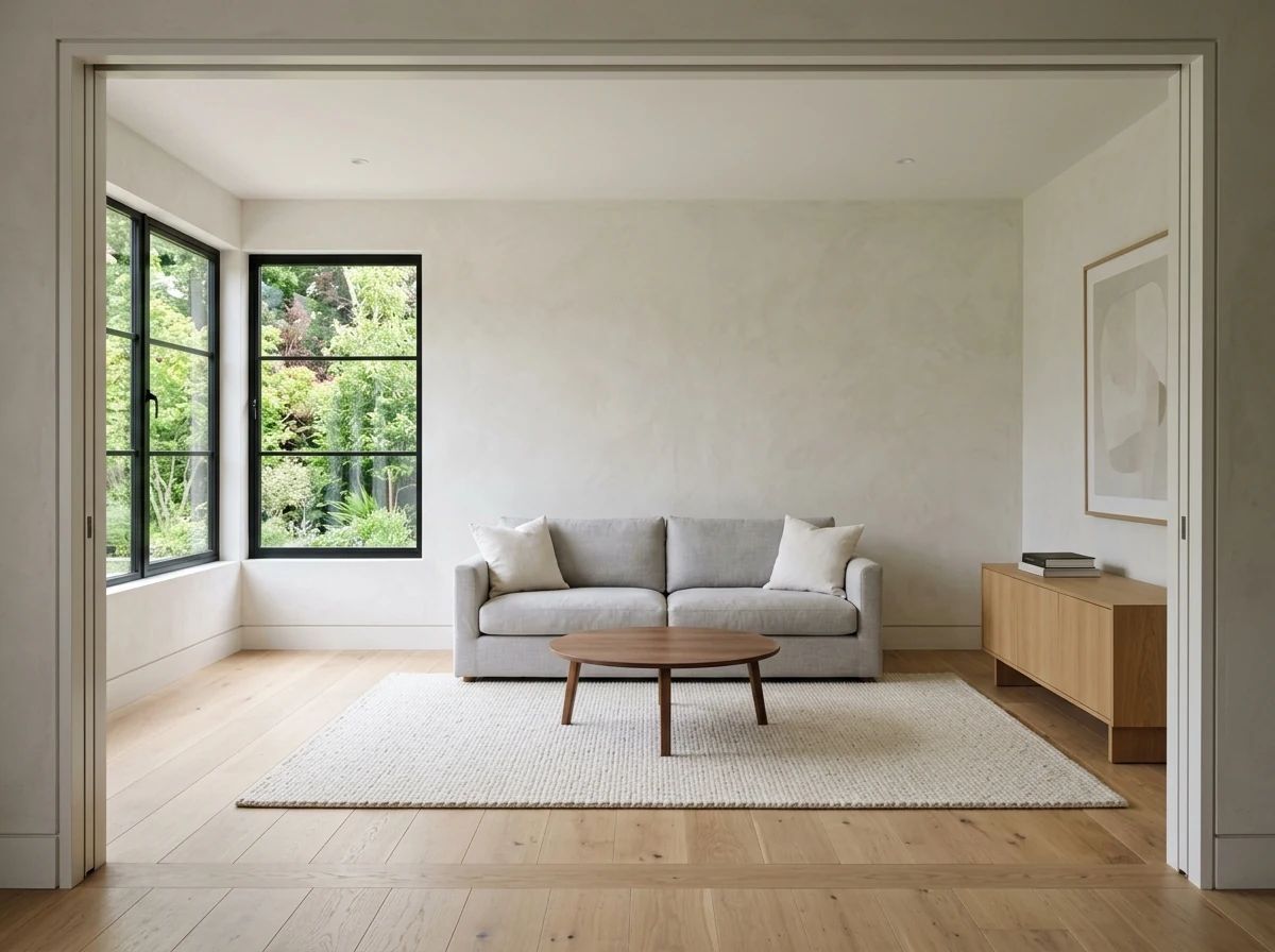 A sunlit living room with a gray sofa, empty walnut coffee table and garden window